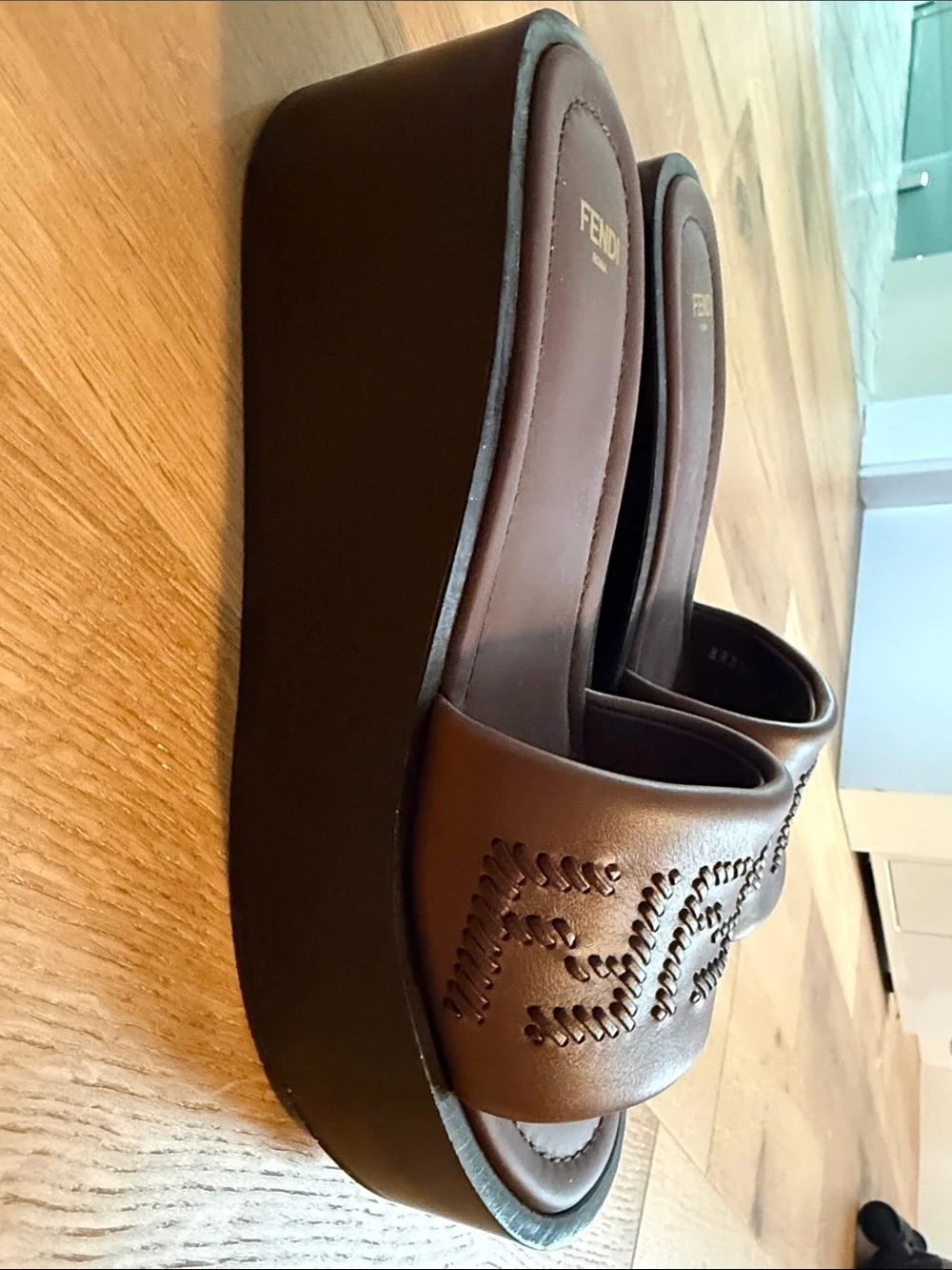 Fendi Brown Leather Logo Platform Slide Sandals